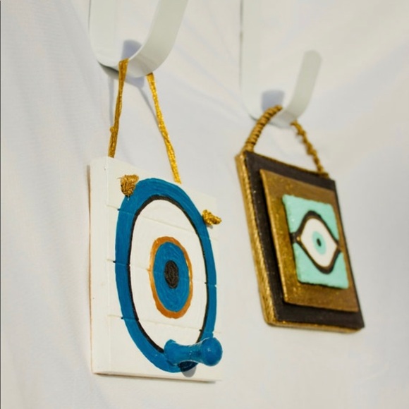 Deep Blue & Metallic Gold Evil Eye Painting on Wood Block with Knob & Gold Rope - Picture 2 of 7